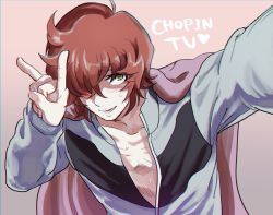 Rule 34 | 10s, 1boy, cape, classicaloid, english text, frederic chopin (classicaloid), hair over one eye, jacket, looking at viewer, male focus, open clothes, open jacket, orange hair, pink background, poiaya, reaching, reaching towards viewer, ribs, selfie, short hair, simple background, smile, solo, upper body, v, yellow eyes