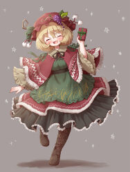 Rule 34 | 1girl, aki minoriko, apron, arinu, black skirt, blonde hair, blush, boots, box, brown footwear, capelet, closed eyes, cross-laced footwear, dress, facing viewer, fruit hat ornament, full body, gift, gift box, grape hat ornament, green apron, grey background, hair between eyes, hat, hat ornament, highres, holding, holding gift, knee boots, lace-up boots, long sleeves, mob cap, open mouth, red capelet, red dress, red hat, short hair, simple background, skirt, smile, solo, touhou, wide sleeves