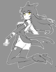 Rule 34 | 1girl, black hair, blake belladonna, bow, cat tail, commentary request, greyscale, hair bow, iesupa, looking at viewer, monochrome, paw print, rwby, solo, tail, yellow eyes