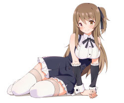 Rule 34 | 1girl, arm support, assault lily, bare shoulders, black ribbon, black skirt, black sleeves, blush, breasts, brown hair, buttons, closed mouth, collared shirt, commentary request, detached sleeves, frilled skirt, frilled sleeves, frills, full body, hair between eyes, hair ribbon, heterochromia, high-waist skirt, highres, jewelry, kuo shenlin, long hair, looking at viewer, medium breasts, miniskirt, motsutoko, neck ribbon, no shoes, one side up, own hands together, red eyes, ribbon, ring, school uniform, shirt, sidelocks, simple background, sitting, skirt, sleeveless, sleeveless shirt, smile, solo, suspender skirt, suspenders, thighhighs, wavy hair, white background, white shirt, white thighhighs, yellow eyes, yokozuwari, yurigaoka girls academy school uniform, zettai ryouiki