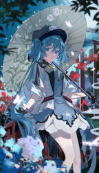 Rule 34 | 1girl, absurdly long hair, absurdres, aqua dress, aqua eyes, aqua hair, black gloves, black hat, bug, butterfly, chinese clothes, chinese commentary, commentary request, cupping hand, dress, flower, gloves, hair between eyes, hair rings, hair spread out, half gloves, hat, hat flower, hatsune miku, highres, hitokoto, holding, holding umbrella, insect, jasmine (flower), knees together feet apart, leaf, long hair, looking at viewer, miku with you (vocaloid), official alternate costume, oil-paper umbrella, outdoors, parted lips, solo, twintails, umbrella, very long hair, vocaloid