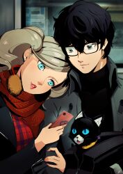 Rule 34 | 1boy, 1girl, amamiya ren, bag, black-framed eyewear, black bag, black cat, black eyes, black hair, black sweater, blue eyes, cat, cellphone, coat, commentary, couple, earrings, eightyfourart, english commentary, glasses, grey coat, hair between eyes, highres, holding, holding phone, indoors, jewelry, light brown hair, lips, locked arms, long hair, morgana (persona 5), open bag, persona, persona 5, phone, red lips, red scarf, red sweater, scarf, short hair, smartphone, stud earrings, sweater, swept bangs, takamaki anne, train interior, twintails