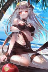 Rule 34 | 1girl, apple, arknights, beach, bikini, black bikini, black collar, breasts, collar, demon horns, dutch angle, flower, food, fruit, glint, grey hair, hair flower, hair ornament, hatomame, highres, horns, infection monitor (arknights), large breasts, long hair, material growth, mudrock (arknights), mudrock (silent night) (arknights), navel, ocean, official alternate costume, oripathy lesion (arknights), outdoors, palm leaf, palm tree, parted lips, pointy ears, red eyes, red flower, sand, sitting, solo, swimsuit, tree, water, wind, yellow flower