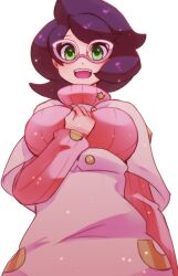 Rule 34 | 1girl, big hair, breasts, buttons, capelet, creatures (company), game freak, glasses, green eyes, hand on own chest, large breasts, long sleeves, mochi (g mochi), nintendo, pink-framed eyewear, pink sweater, pokemon, pokemon sm, purple hair, ribbed sweater, skirt, solo, sweater, teeth, turtleneck, turtleneck sweater, upper teeth only, white capelet, white skirt, wicke (pokemon)