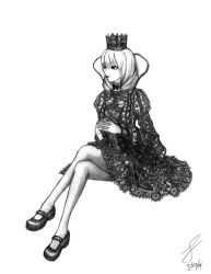 Rule 34 | 10s, 2014, absurdres, bow, bowtie, closed mouth, crown, dated, dazzle (shinkonryu), greyscale, highres, crossed legs, maridah, mary janes, monochrome, original, own hands clasped, own hands together, pantyhose, shoes, short hair, simple background, sitting, smile, solo, white background