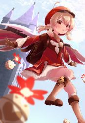 Rule 34 | 1girl, absurdres, ahoge, backpack, bag, bloomers, blurry, boots, brown footwear, brown gloves, brown scarf, building, cabbie hat, clover print, coat, commentary request, depth of field, genshin impact, gloves, hair between eyes, hat, hat feather, hat ornament, highres, jumpy dumpty, klee (genshin impact), knee boots, kneehighs, kyuri senbei, light brown hair, long hair, long sleeves, looking at viewer, low twintails, outstretched arms, parted lips, pocket, pointy ears, randoseru, red coat, red eyes, red hat, scarf, sidelocks, socks, solo, spread arms, twintails, underwear
