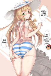 Rule 34 | ..., 1boy, 1girl, apron, ash ketchum, ass, black hair, blonde hair, blue panties, blush, bow, braid, breasts, closed mouth, creatures (company), from behind, game freak, green eyes, hard-translated, hat, hat bow, japanese text, kuriyama, lillie (pokemon), long hair, looking at viewer, looking back, nintendo, no pupils, panties, pokemon, pokemon (anime), pokemon sm (anime), red headwear, small breasts, striped clothes, striped panties, sun hat, third-party edit, translated, underwear, white hair, white headwear, white panties