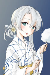 Rule 34 | 1girl, :d, aqua eyes, blue background, cotton candy, flower, food, gradient background, hair between eyes, hair flower, hair ornament, head tilt, highres, holding, holding food, japanese clothes, kantai collection, kimono, long hair, long sleeves, looking at viewer, low ponytail, nowaki (kancolle), obi, open mouth, patterned clothing, sash, silver hair, smile, solo, umino haruka (harukaumino6), upper body, white kimono, wide sleeves