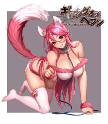 Rule 34 | 1girl, all fours, animal ears, bad id, bad twitter id, bare shoulders, bikini, blush, breasts, cleavage, cleavage cutout, clothing cutout, collar, collarbone, copyright name, fox ears, fox girl, fox tail, full body, fur trim, gang of heaven, grin, hair between eyes, highres, large breasts, leash, long hair, looking at viewer, masami chie, paw pose, pink hair, red eyes, smile, solo, swimsuit, tail, thighhighs, very long hair, white bikini, white thighhighs