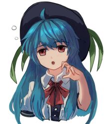 Rule 34 | 1girl, :o, ahoge, black headwear, buttons, center frills, collared shirt, commentary request, cropped torso, frills, highres, hinanawi tenshi, leaf, long hair, neck ribbon, plus2sf, puffy short sleeves, puffy sleeves, red eyes, red ribbon, ribbon, shirt, short sleeves, sidelocks, simple background, solo, squeans, touhou, very long hair, white background, white shirt