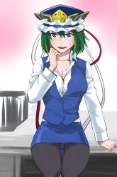 Rule 34 | 1girl, :d, adapted costume, alternate costume, bad id, bad pixiv id, black pantyhose, blue eyes, blue vest, blush, breasts, cleavage, collarbone, desk, green hair, hat, kurirou, large breasts, long sleeves, looking at viewer, office lady, aged up, on desk, open mouth, panties, panties under pantyhose, pantyhose, shiki eiki, shirt, short hair, sitting, on desk, smile, solo, sweat, touhou, underwear, vest, white shirt