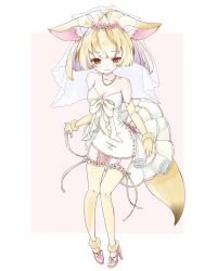 Rule 34 | 1girl, alternate costume, animal ears, bare shoulders, blonde hair, blush, bridal veil, commentary request, dress, elbow gloves, fennec (kemono friends), flower, fox ears, fox girl, fox tail, fur trim, gloves, hair flower, hair ornament, jewelry, kemono friends, megumi 222, necklace, pearl necklace, pencil dress, short hair, sleeveless, solo, tail, thighhighs, veil, wedding dress, white dress, white fur, yellow eyes, yellow gloves, yellow thighhighs, zettai ryouiki