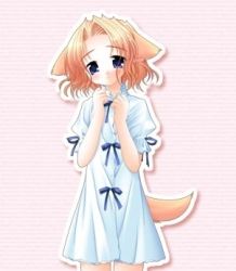 Rule 34 | 1girl, animal ears, blonde hair, blue eyes, blush, bow, dog ears, dog tail, dress, flat chest, lowres, official art, pure pure, sachi (pure pure), sakurazawa izumi, short dress, short hair, smile, solo, standing, striped, striped background, tail, thigh gap, white dress