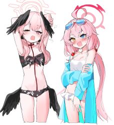 Rule 34 | 2girls, arms up, beads, bikini, black bikini, black wings, blue archive, blue jacket, blush, body switch, bow, breasts, cleavage, cropped legs, danbal, feathered wings, floral print, frilled bikini, frills, hair beads, hair bow, hair ornament, head wings, highres, hoshino (blue archive), hoshino (swimsuit) (blue archive), jacket, koharu (blue archive), koharu (swimsuit) (blue archive), looking at another, looking at viewer, multiple girls, navel, nose blush, official alternate costume, personality switch, petite, pink hair, simple background, small breasts, stretching, sweatdrop, swimsuit, twintails, white background, white bikini, wings