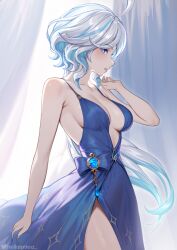 Rule 34 | 1girl, ahoge, alternate costume, armpit crease, bare arms, bare shoulders, blue dress, blue eyes, blue hair, breasts, collarbone, commentary, cowboy shot, cowlick, curtains, dress, furina (genshin impact), genshin impact, grey curtains, hand up, helloimtea, highres, light blue hair, long hair, looking at viewer, looking to the side, medium breasts, multicolored hair, no headwear, parted lips, sideboob, skirt hold, sleeveless, sleeveless dress, solo, spaghetti strap, streaked hair, very long hair, wavy hair, white hair