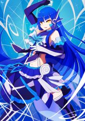 Rule 34 | 1boy, alternate costume, androgynous, asymmetrical hair, blue background, blue hair, blunt bangs, bow, elbow gloves, eyelashes, frilled gloves, frilled skirt, frills, gloves, highres, long hair, looking at viewer, male focus, midriff, money gesture, pondedorosu, protagonist (smtv), robot ears, shin megami tensei, shin megami tensei v, signature, skirt, smile, solo, sparkle, thighhighs, very long hair, yellow eyes