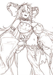 Rule 34 | 1girl, :d, breasts, brown theme, detached sleeves, fangs, fediel (granblue fantasy), granblue fantasy, hands on own hips, horns, houtengeki, large breasts, long hair, long sleeves, looking at viewer, monochrome, navel, open mouth, pelvic curtain, simple background, smile, solo, standing, white background