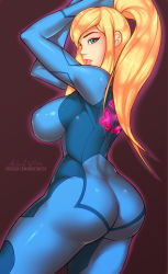 Rule 34 | 1girl, ange1witch, artist name, ass, blonde hair, bodysuit, breasts, covered erect nipples, highres, large breasts, metroid, nintendo, ponytail, samus aran, skin tight, solo, zero suit