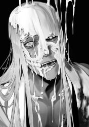 Rule 34 | 1boy, ajuji aju, artist name, black background, black sclera, bleach, blood, blood on clothes, colored sclera, greyscale, haori, highres, hirako shinji, hollow (bleach), japanese clothes, long hair, looking at viewer, male focus, mismatched pupils, mismatched sclera, monochrome, open clothes, open mouth, scared, simple background, solo, taichou haori, teeth, transformation, twitter username, wide-eyed