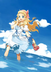 Rule 34 | 1girl, bad id, bad pixiv id, blonde hair, blue eyes, day, dress, dutch angle, hairband, happy, hisana, holding, holding shoes, long hair, original, shoes, sky, solo, wading, water, wind