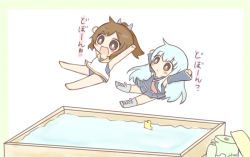 Rule 34 | 10s, 2girls, aoki hagane no arpeggio, bathtub, blue hair, boots, brown hair, chibi, crossover, detached sleeves, heater, i-401 (kancolle), iona (aoki hagane no arpeggio), jako (jakoo21), kantai collection, long hair, multiple girls, name connection, ponytail, sailor, sailor collar, school swimsuit, short hair, swimsuit