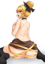 Rule 34 | 1girl, anus, ass, back, black neckwear, black thighhighs, blonde hair, blush, bow, breasts, brown eyes, censored, choker, cleft of venus, eva (hq8nn1ef), from behind, hair bow, hair bun, hand on own chest, highres, kurodani yamame, looking at viewer, looking back, mosaic censoring, open mouth, pussy, pussy juice, sash, short hair, single hair bun, sitting, solo, thighhighs, topless, touhou, wariza, white background