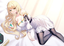Rule 34 | 1girl, bare shoulders, bed sheet, black pantyhose, blonde hair, blush, breasts, cleavage, commentary request, curtains, dress, feet out of frame, hand up, holding, large breasts, long hair, long sleeves, looking at viewer, lying, mythra (xenoblade), no shoes, off-shoulder dress, off shoulder, on side, pantyhose, parted lips, puffy long sleeves, puffy sleeves, ririko (zhuoyandesailaer), solo, swept bangs, thighs, v-shaped eyebrows, very long hair, white dress, xenoblade chronicles (series), xenoblade chronicles 2, yellow eyes