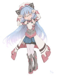 Rule 34 | 1girl, :d, blue hair, blush, boots, ciel nosurge, dated, detached sleeves, full body, glasses, hat, head tilt, kureudon, long hair, long sleeves, open mouth, pantyhose, pleated skirt, sarly planck, simple background, skirt, smile, solo, surge concerto, very long hair, white background, white theme