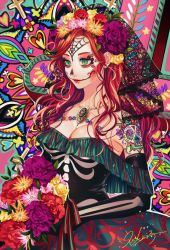 Rule 34 | 1girl, black gloves, breasts, cleavage, cross, dia de muertos, dress, elbow gloves, flower, gloves, green eyes, hair flower, hair ornament, heart, jewelry, long hair, matsurika youko, mexico halloween, necklace, red hair, solo, tattoo