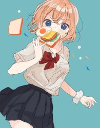 Rule 34 | 1girl, absurdres, black skirt, blue eyes, bread slice, breasts, cowboy shot, dropping, egg (food), flower, food, food in mouth, hand up, highres, light brown hair, looking at viewer, maple (abc2215), medium breasts, mouth hold, neck ribbon, original, pleated skirt, red ribbon, ribbon, sandwich, scrunchie, shirt, short hair, short sleeves, skirt, solo, sunny side up egg, sweat, toast, toast in mouth, white shirt, wrist scrunchie