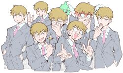 Rule 34 | 1boy, absurdres, black eyes, blonde hair, bloodshot eyes, blush, closed mouth, collared shirt, commentary request, constricted pupils, covering own mouth, cropped legs, cropped torso, ekubo (mob psycho 100), expressionless, formal, grey jacket, grey pants, grey suit, hands in pockets, highres, index finger raised, jacket, jitome, male focus, mob psycho 100, multiple views, necktie, nervous smile, nervous sweating, open mouth, panicking, pants, pink necktie, pointing, pointing at self, pointing with thumb, reigen arataka, sanpaku, shirt, short hair, simple background, smile, smirk, sparkle, spirit, steam from ears, suit, suit jacket, sweat, thinking, v-shaped eyebrows, white background, white shirt, wide-eyed, yasubaru