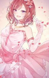 Rule 34 | 1girl, bare shoulders, blush, bokutachi wa hitotsu no hikari, choker, commentary, dress, elbow gloves, eyes visible through hair, flower, frilled dress, frills, gloves, hair flower, hair ornament, happy birthday, highres, jewelry, love live!, love live! school idol project, necklace, nishikino maki, open mouth, petals, pink dress, purple eyes, red hair, short hair, sleeveless, sleeveless dress, smile, solo, two-tone background, upper body, watoson, white gloves