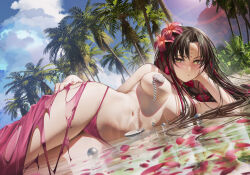 Rule 34 | 1girl, bare shoulders, beach, bikini, black hair, blush, bracelet, braid, breasts, chest tattoo, cleavage, commentary, duplicate, facial mark, fate/grand order, fate (series), flower, forehead mark, hair flower, hair ornament, hand on own hip, highres, jewelry, large breasts, long hair, looking at viewer, lying, multicolored hair, nanaken nana, navel, necklace, on side, outdoors, palm tree, parted bangs, pasties, pearl bracelet, pearl necklace, pink bikini, pink hair, pixel-perfect duplicate, sarong, sessyoin kiara, sessyoin kiara (swimsuit mooncancer), sessyoin kiara (swimsuit mooncancer) (first ascension), shell, shell bikini, shell necklace, shore, solo, stomach, streaked hair, swimsuit, tattoo, thighs, tree, twin braids, very long hair, water, wet, yellow eyes