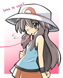 Rule 34 | 1girl, black wristband, brown eyes, brown hair, creatures (company), flying sweatdrops, food, food in mouth, game freak, hair between eyes, hat, highres, leaf (pokemon), long hair, miniskirt, nintendo, one eye closed, pocky, pocky in mouth, pokemon, pokemon frlg, rascal (feuille), red skirt, skirt, solo, string, string of fate, white hat, wristband