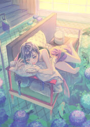 Rule 34 | 1girl, :p, aqua eyes, bare legs, barefoot, blanket, bracelet, couch, fasna, feet, flower, full body, highres, holding, holding spoon, hydrangea, indoors, intravenous drip, jewelry, looking at viewer, lying, on stomach, original, partially undressed, pillow, short hair, shorts, soles, solo, spoon, stairs, sunlight, tile floor, tiles, toes, tongue, tongue out, window