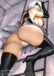 Rule 34 | 1girl, ariverkao, ass, black blindfold, black footwear, black gloves, blindfold, boots, breasts, dated, elbow gloves, from below, gloves, grey hair, high heel boots, high heels, ladder, large breasts, lips, nier (series), nier:automata, panties, patreon logo, pleated skirt, short hair, signature, skirt, solo, thigh boots, thighhighs, underwear, white panties, 2b (nier:automata)