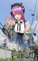 Rule 34 | absurdres, aircraft, airplane, building, car, city, cityscape, cloud, copyright request, day, destruction, giant, giantess, green eyes, highres, holding, jet, long hair, motor vehicle, open mouth, picking up, pink hair, road, road sign, sign, sky, skyscraper, street, tokyo (city), virtual youtuber, welt (kinsei koutenkyoku)