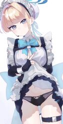 Rule 34 | 1girl, absurdres, apron, black dress, black gloves, blonde hair, blue archive, blue eyes, blush, bow, bowtie, breasts, closed mouth, clothes lift, cowboy shot, dress, dress lift, earpiece, flashing, frilled apron, frills, gloves, gluteal fold, halo, highres, lace, lace-trimmed panties, lace trim, lifted by self, looking at viewer, maid, maid apron, maid headdress, medium breasts, navel, panties, semaru, simple background, solo, standing, thigh strap, thighs, toki (blue archive), underwear, v, white background