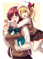 Rule 34 | 2girls, alternate costume, blonde hair, blue eyes, book, borrowed design, bow, bowtie, braid, contemporary, dress shirt, flandre scarlet, food, grabbing, grabbing from behind, hair bow, hat, heart, highres, holding, holding book, hong meiling, koissa, long hair, long sleeves, miniskirt, multiple girls, no wings, one eye closed, plaid, plaid skirt, pleated skirt, popsicle, red eyes, red hair, shirt, side ponytail, skirt, sweatdrop, sweater, sweater vest, thighhighs, tongue, tongue out, touhou, twin braids, vest, white legwear, zettai ryouiki