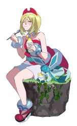 Rule 34 | 1girl, absurdres, anklet, blonde hair, blush, bracelet, closed eyes, closed mouth, commentary, creatures (company), cup, eating, food, game freak, gen 4 pokemon, glaceon, grass, hairband, highres, holding, holding cup, holding spoon, irida (pokemon), jewelry, neck ring, nintendo, pokemon, pokemon (creature), pokemon legends: arceus, qwertybees, red footwear, red hairband, red shirt, sash, shaved ice, shirt, shoes, short hair, shorts, sitting, smile, spoon, strapless, strapless shirt, white shorts