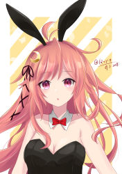 Rule 34 | 1girl, :o, absurdres, ahoge, alternate costume, animal ears, antenna hair, black leotard, blush, breasts, cleavage, cloud, crescent, crescent hair ornament, dated, detached collar, fake animal ears, hair ornament, hair ribbon, hatsuzuki 527, highres, kantai collection, leotard, long hair, open mouth, pink hair, playboy bunny, rabbit ears, rabbit hair ornament, red eyes, red hair, ribbon, sidelocks, small breasts, solo, sparkling eyes, twitter username, upper body, uzuki (kancolle)