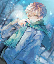 Rule 34 | 1boy, absurdres, bare tree, blonde hair, blush, closed mouth, green eyes, green pants, green scarf, grey jacket, highres, jacket, long sleeves, looking at viewer, male focus, original, pants, scarf, short hair, smile, snow, snowing, striped clothes, striped scarf, tree, u-sama (u summer0719), winter