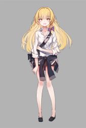 Rule 34 | 1girl, alternate costume, bag, bare legs, black footwear, blonde hair, bow, braid, clothes around waist, contemporary, cross-eyed, fang, grey background, hair bow, kirisame marisa, long hair, long sleeves, open mouth, pokan (xz1128), shirt, shoes, side braid, simple background, smile, solo, touhou, white shirt, yellow eyes