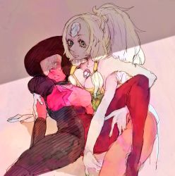 Rule 34 | 2girls, afro, breasts, cleavage, extra arms, forehead jewel, garnet (steven universe), gem, glasses, highres, isuhaimo, leg lift, looking at viewer, multiple girls, opal (steven universe), pantyhose, silver hair, spread legs, steven universe, sunglasses, yuri