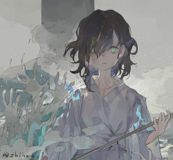 Rule 34 | 1girl, alternate costume, black hair, blue fire, commentary, fire, ghost, green eyes, grey background, hishaku, holding, japanese clothes, kimono, long sleeves, looking at viewer, medium hair, murasa minamitsu, partially submerged, shihou (g-o-s), solo, standing, touhou, translated, twitter username, upper body, wading, water, waves, white kimono, wide sleeves