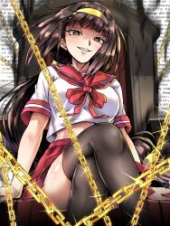 Rule 34 | 1girl, absurdres, ajimu najimi, arm support, black thighhighs, blunt bangs, breasts, brown eyes, brown hair, chain, commentary, derivative work, ebora, english commentary, english text, head tilt, headband, highres, long hair, low-tied long hair, comic panel redraw, medaka box, medium breasts, neckerchief, pleated skirt, red neckerchief, red sailor collar, red skirt, sailor collar, school uniform, shaded face, short sleeves, sidelocks, skirt, smile, solo, symbol-shaped pupils, thighhighs, thighs, throne, very long hair, yellow headband