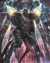 Rule 34 | absurdres, alien, blue electricity, claws, crest, crystal, dinosaur, electricity, energy, floating, floating object, g.n.a., giant, giant monster, glowing, glowing crest, glowing crystal, glowing eyes, godzilla (series), godzilla vs. spacegodzilla, highres, kaijuu, levitation, looking at viewer, looking down, monster, no humans, open mouth, real world location, red eyes, shoulder spikes, space monster, spacegodzilla, spikes, tail, toho, tokyo skytree, tongue, tusks, white electricity