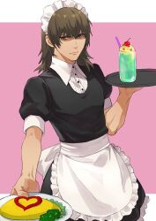 Rule 34 | 1boy, alternate costume, apron, aragaki shinjirou, black dress, brown hair, closed mouth, crossdressing, cup, dress, enmaided, food, frilled dress, frills, holding, holding plate, holding tray, isa (peien516), long hair, maid, maid headdress, male focus, omelet, omurice, persona, persona 3, plate, puffy sleeves, shaded face, short sleeves, simple background, solo, tray, two-tone background, waist apron, white apron