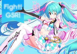 Rule 34 | 1girl, annindoufu (oicon), aqua eyes, aqua hair, argyle, bare shoulders, boots, breasts, commentary request, crop top, elbow gloves, frilled shirt, frills, gloves, goodsmile racing, hair ribbon, hand up, hatsune miku, headphones, high heel boots, high heels, layered skirt, crossed legs, long hair, looking at viewer, medium breasts, midriff, miniskirt, navel, one eye closed, outstretched arm, racing miku, racing miku (2019), ribbon, shirt, skirt, sleeveless, sleeveless shirt, solo, thigh boots, thighhighs, twintails, very long hair, vocaloid