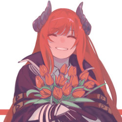 Rule 34 | 1girl, ^ ^, arknights, bagpipe (arknights), black gloves, black jacket, chinese commentary, closed eyes, commentary request, facing viewer, flower, gloves, grin, highres, holding, holding flower, horns, jacket, long hair, long sleeves, red hair, simple background, smile, solo, towne, upper body, white background